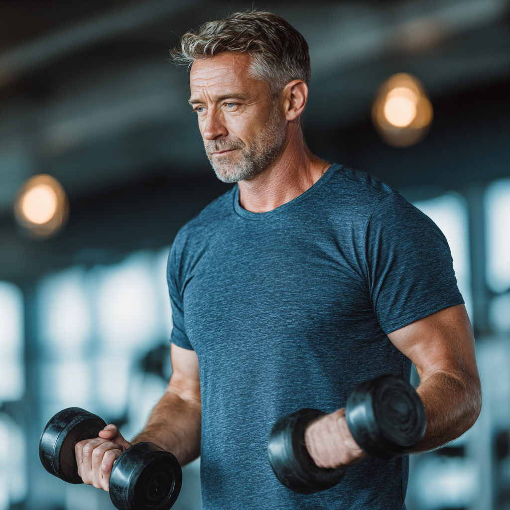 Middle-aged man doing strength training with dumbbells in a modern gym, focusing on proper form and determination